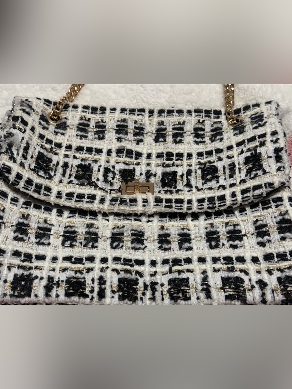 Black & White Tweed Shoulder Bag with Gold Chain